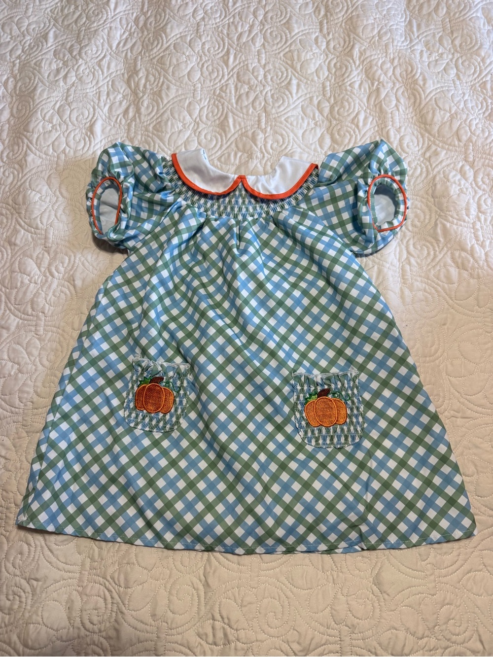 Girls Gingham Pumpkin smocked toddler 4T Bishop Dress fall blue green orange